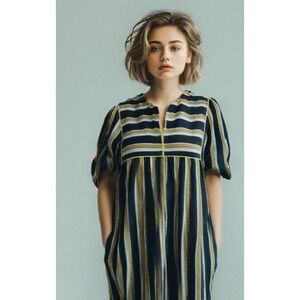 Saint Geraldine Stripe Midi Dress Half Sleeve Pocket Cotton Black Size Small EUC